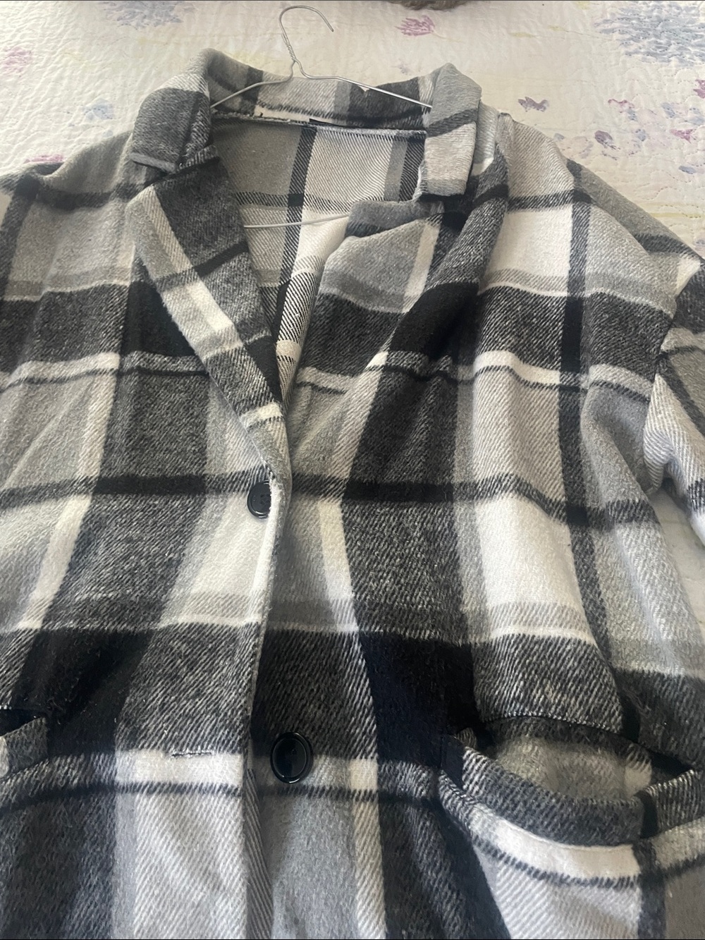 Women’s Black & White Plaid Pea Coat - Classic Single-Breasted